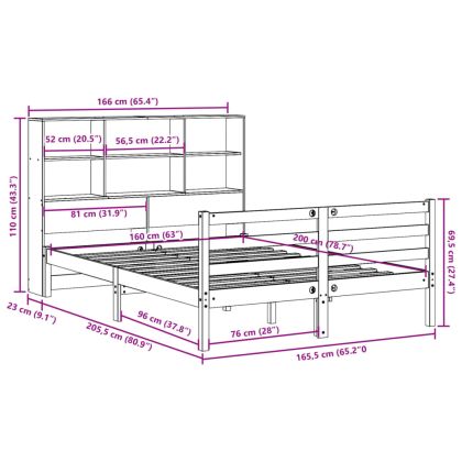 Легло с етажерка за книги, без матрак, 160x200 см, бор масив