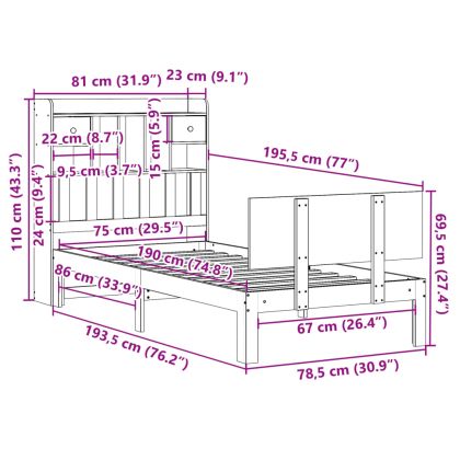 Легло с рафтове за книги, без матрак, 75x190 см, бор масив