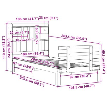 Легло с рафтове за книги, без матрак, 100x200 см, бор масив