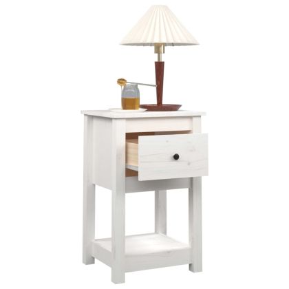 Нощно шкафче, бяло, 40x35x61,5 см, борово дърво масив