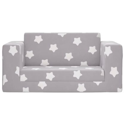 Детско диванче-легло 2-местно светлосиво на звездички мек плюш