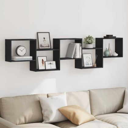 Стенен кубичен рафт, 5 отделения, черен, инженерно дърво