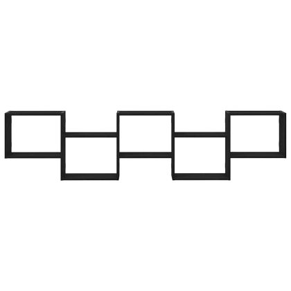 Стенен кубичен рафт, 5 отделения, черен, инженерно дърво