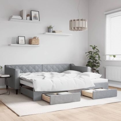 Канапе с изтеглящо легло и чекмеджета светлосиво 90x200 см плат