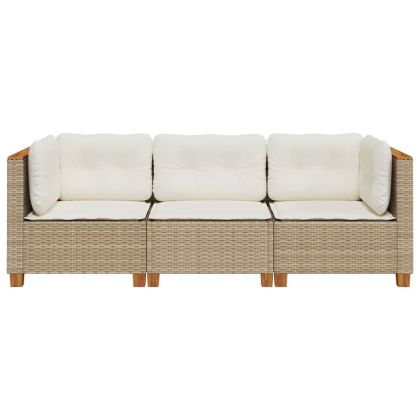 Градински диван с възглавници 3-местен бежов полиратан