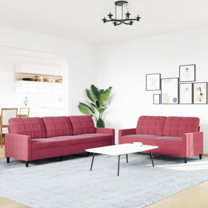 Комплект дивани от 2 части с възглавници, виненочервен, кадифе