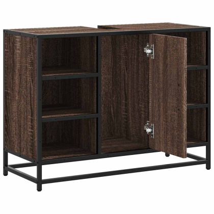 Шкаф за мивка за баня, кафяв дъб, 80x33x60 см, инженерно дърво