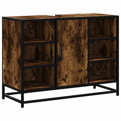 Шкаф за мивка за баня, опушен дъб, 80x33x60 см, инженерно дърво