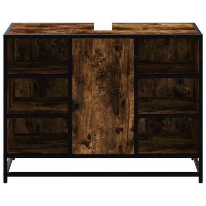 Шкаф за мивка за баня, опушен дъб, 80x33x60 см, инженерно дърво