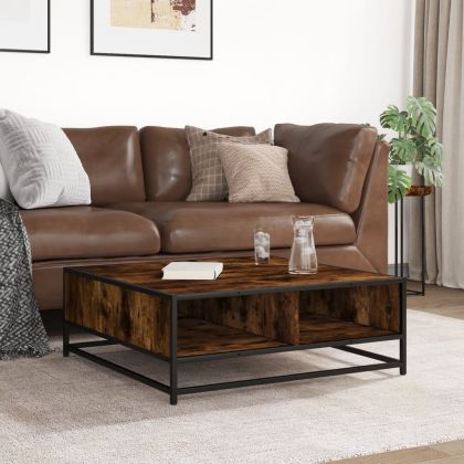 Кафе маса, опушен дъб, 80x80x30 см, инженерно дърво и метал