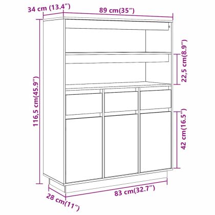Висок шкаф, бял, 89x34x116,5 см, борово дърво масив