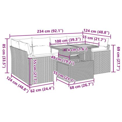 Градински диван с възглавници, 6 части, черен полиратан, акация