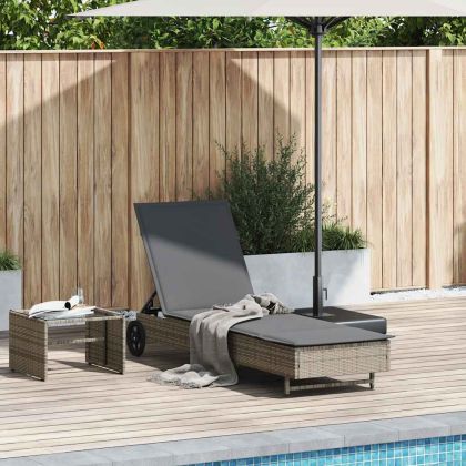 Шезлонг с колелца и шалте, сив, полиратан