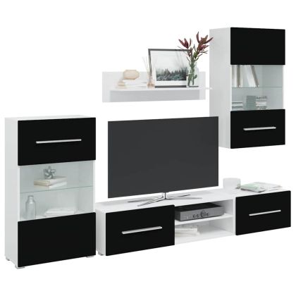 5 броя ТВ шкафове с LED осветление Матово черно инженерно дърво