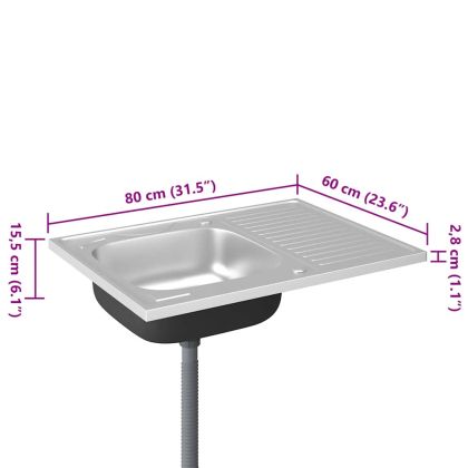 Кухненска мивка с отцедник, сребристо, 800x600x155 мм, инокс