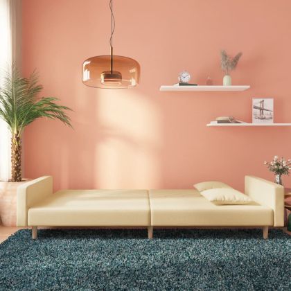 2-местно разтегателно канапе с две възглавници кремаво текстил