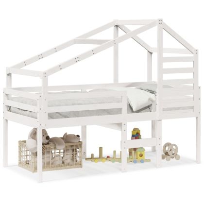 Високо легло с покрив, бяло, 90x200 см, борово дърво масив