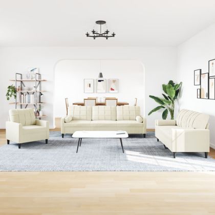 Мека мебел от 3 части с възглавници и болстери кремав кадифе