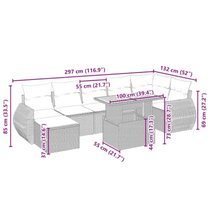 Градински диван с възглавници, 8 части, бежов полиратан