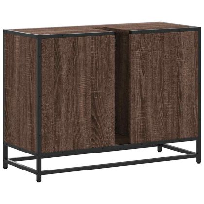 Шкаф за мивка за баня, кафяв дъб, 80x33x60 см, инженерно дърво