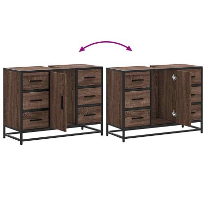 Шкаф за мивка за баня, кафяв дъб, 80x33x60 см, инженерно дърво