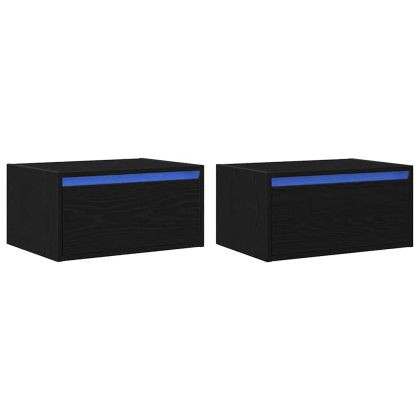 Нощни шкафчета за стена с LED осветление, 2 бр, Черен дъб