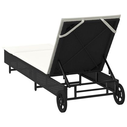 Шезлонг с колелца и шалте черен полиратан