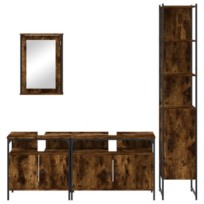 Комплект мебели за баня от 4 части, опушен дъб, инженерно дърво