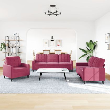Комплект дивани от 3 части с възглавници, виненочервен, кадифе
