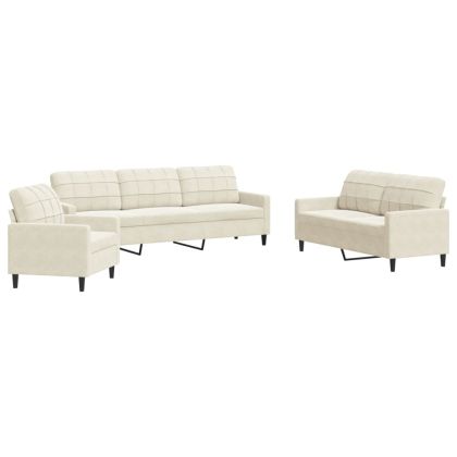 Комплект дивани от 3 части с възглавници, кремав, кадифе