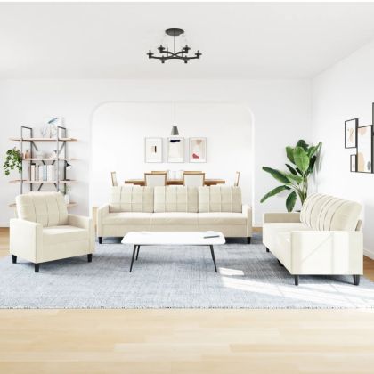 Комплект дивани от 3 части с възглавници, кремав, кадифе