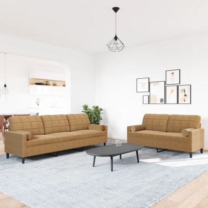 Мека мебел от 2 части с възглавници и болстери кафяв кадифе