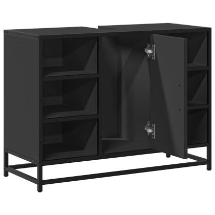 Шкаф за мивка за баня, черен, 80x33x60 см, инженерно дърво