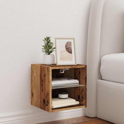 ТВ шкаф за стена с LED осветление Старо дърво 30x28,5x30 cm