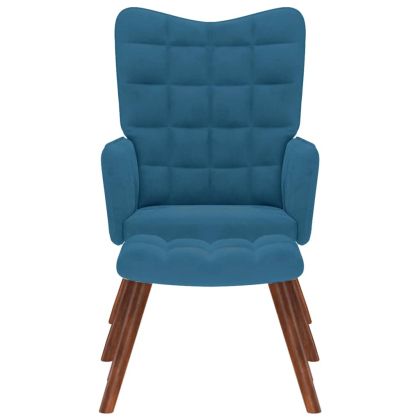 Релакс стол с табуретка, син, кадифе