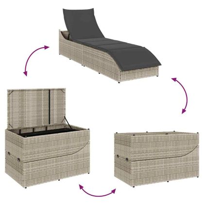 Сгъваем шезлонг с възглавница и място за съхранение Светло сив