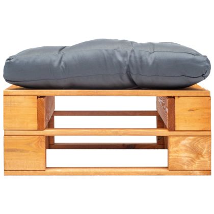 Градинска палетна табуретка сива възглавница дърво меденокафяво