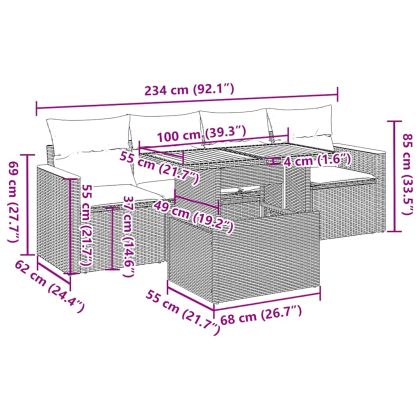 Градински диван с възглавници 5 части бежов полиратан акация