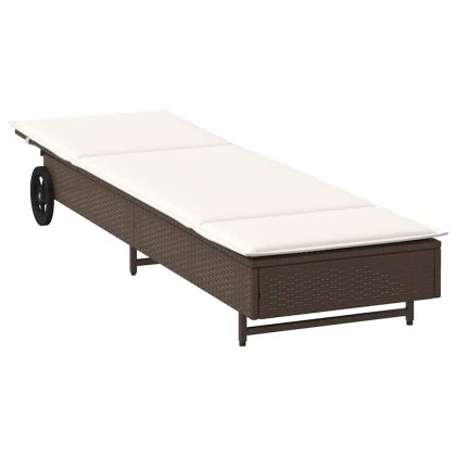 Шезлонг с колелца и шалте кафяв полиратан