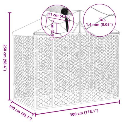 Външна клетка за куче с покрив сребриста 3x1,5x2,5 м стомана