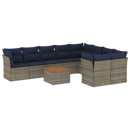 Градински диван с възглавници, 10 части, полиратан, сив