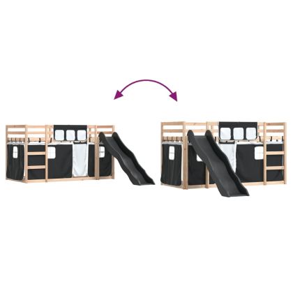 Двуетажно легло с пързалка и завеси, бяло и черно, 90x200 см