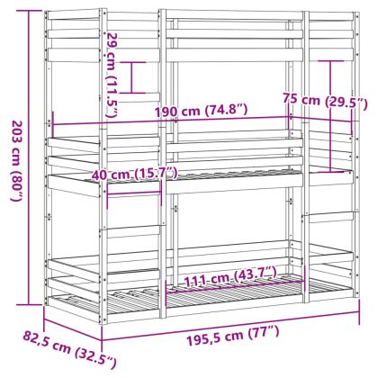 Триетажно легло, восъчнокафяво, 75x190 см, борово дърво масив