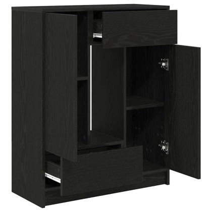 Бюфет с чекмеджета и вратички, черно и дъб, 73x31x90 см