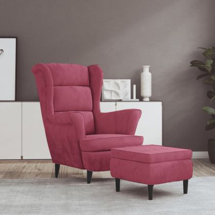 Фотьойл Wingback с табуретка, виненочервен, кадифе