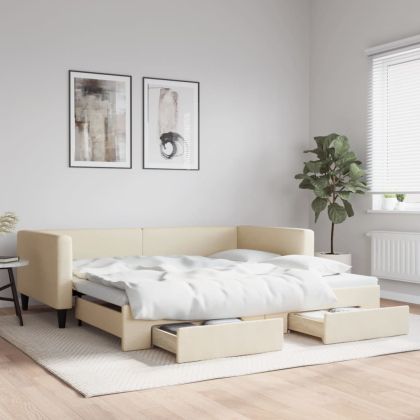 Канапе с изтеглящо легло и чекмеджета кремаво 100x200 см плат