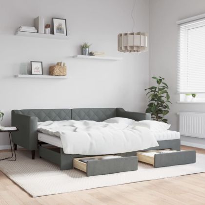 Канапе с изтеглящо легло и чекмеджета тъмносиво 90x190 см плат