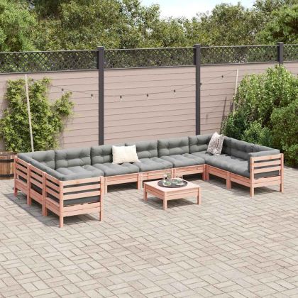 Градински комплект с възглавници, 11 части, дугласка ела масив