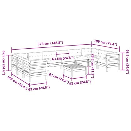 Градински комплект с възглавници, 11 части, дугласка ела масив