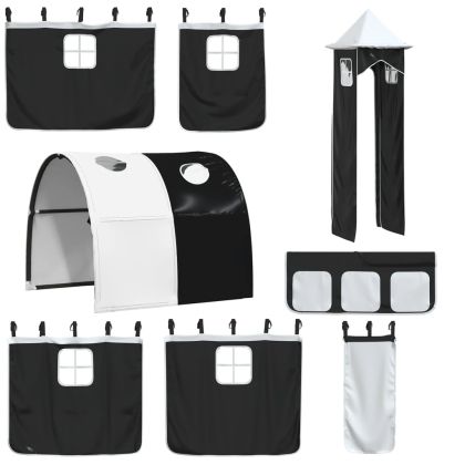 Двуетажно легло с пързалка и завеси, бяло и черно, 90x200 см